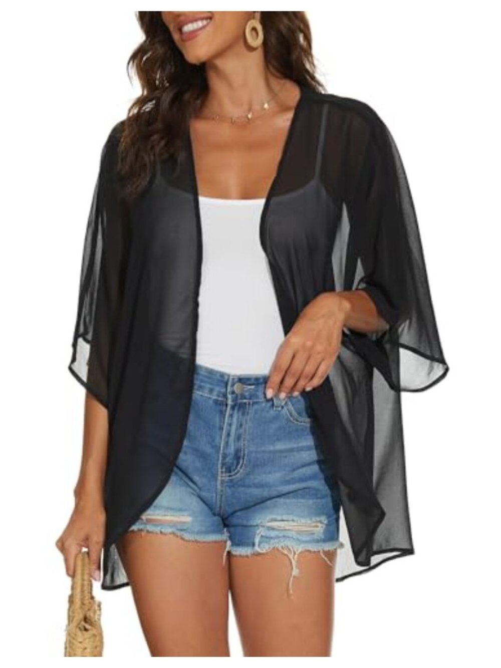 Floral Chiffon Kimono Cardigan Sheer Beach Cover Up 3/4 Sleeve